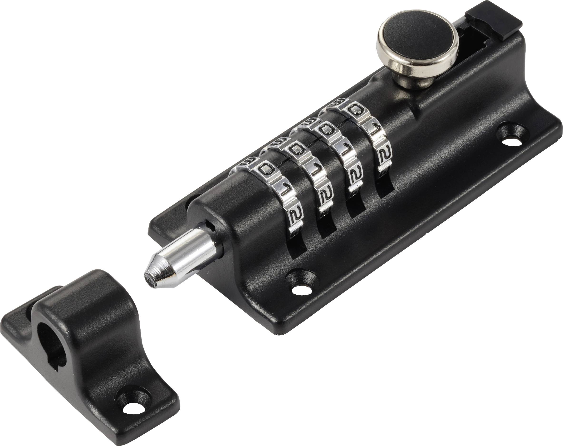 Ein schwarzes Kombinationsschloss mit den Zahlen '2012', das dazu dient, Gegenstände durch Schrauben oder Bolzen zu sichern.