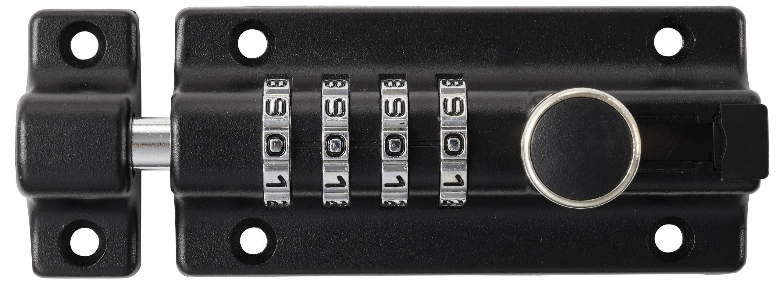 Ein schwarzes Kombinationsschloss mit vier drehbaren Wahlscheiben, die jeweils von 0-9 nummeriert sind, an einer Oberfläche montiert, das zum Sichern von Türen oder Toren verwendet wird.