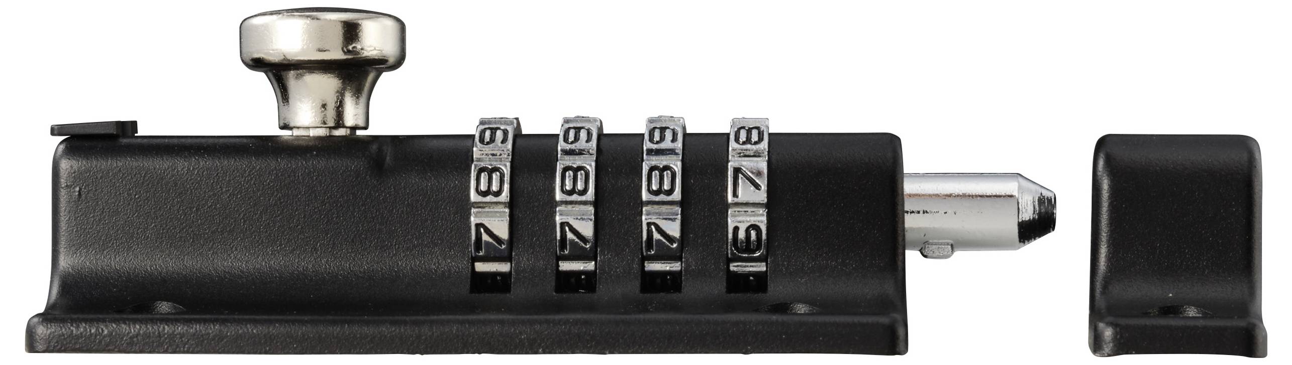 Ein schwarzes Kombinationsschloss mit vier rotierenden Zifferblättern, nummeriert von 0 bis 9, eingestellt auf '1-8-7-9', und einem Metallverriegelungsmechanismus auf der rechten Seite.