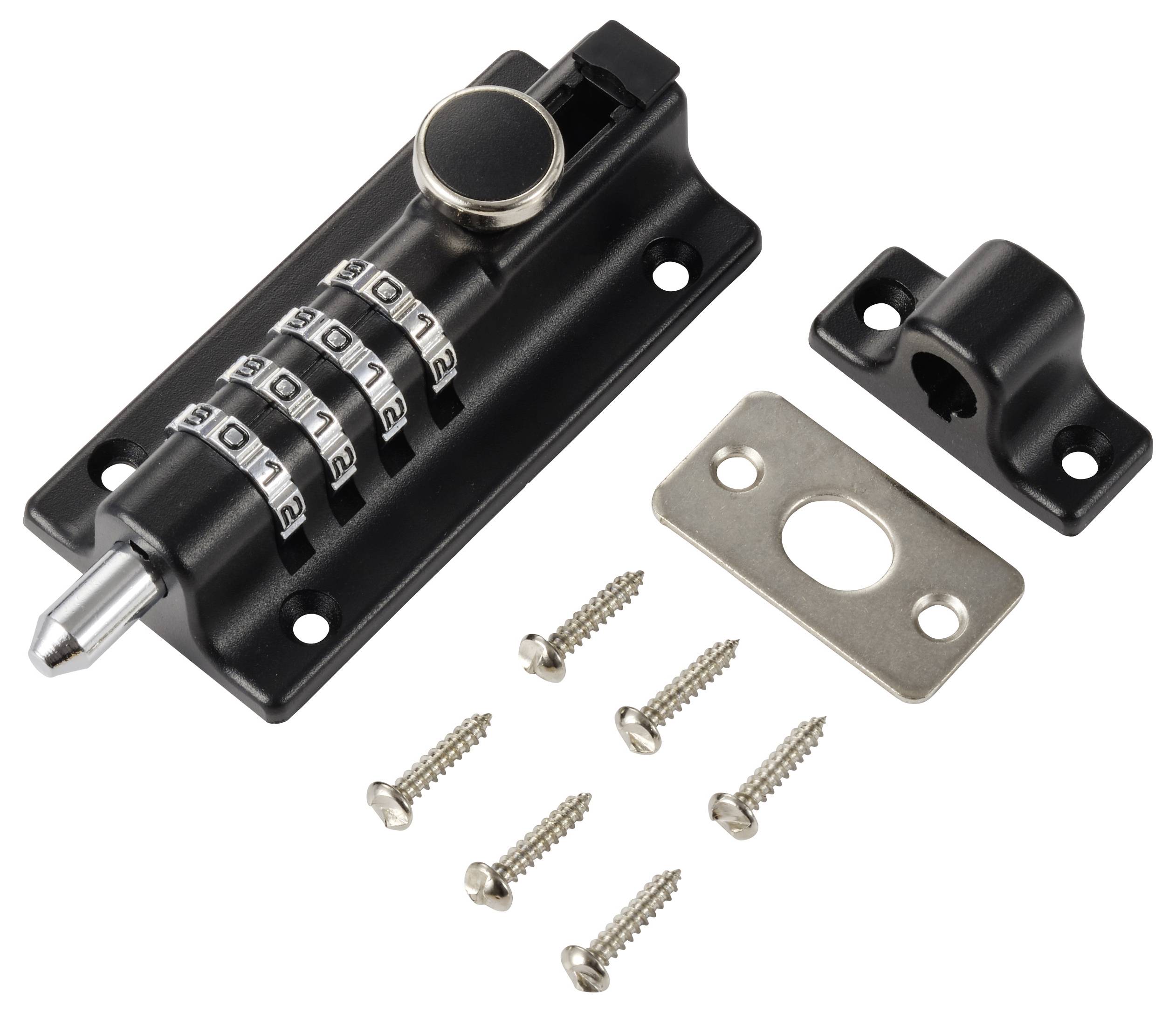 Ein schwarzes Kombinationsschloss mit vier drehbaren Zahlenwählscheiben, versehen mit einem Metallriegel, Schrauben und einer Befestigungsplatte.