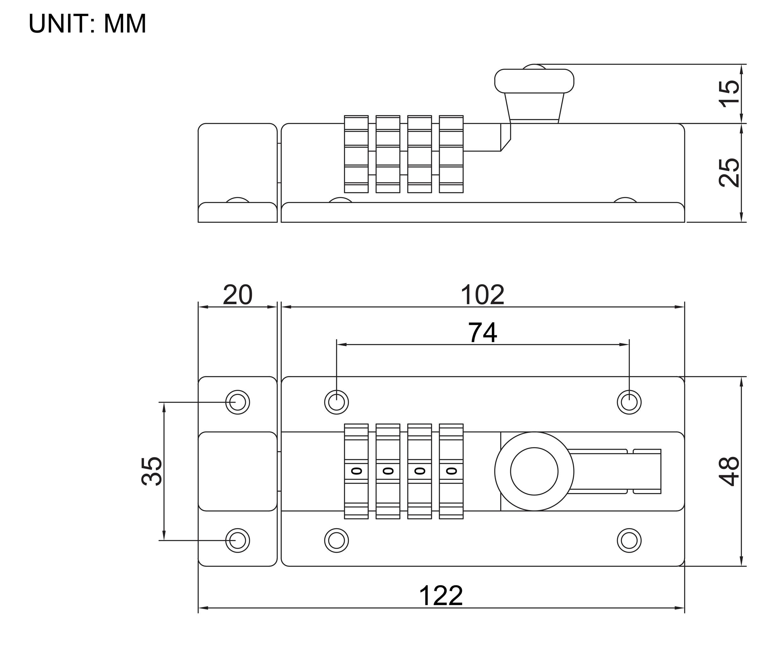 Kombinationsschloss-Riegeldiagramm mit in Millimetern beschrifteten Abmessungen. Frontansicht: 20x122 mm, Seitenansicht: Kombinationsbereich ist 74 mm breit.