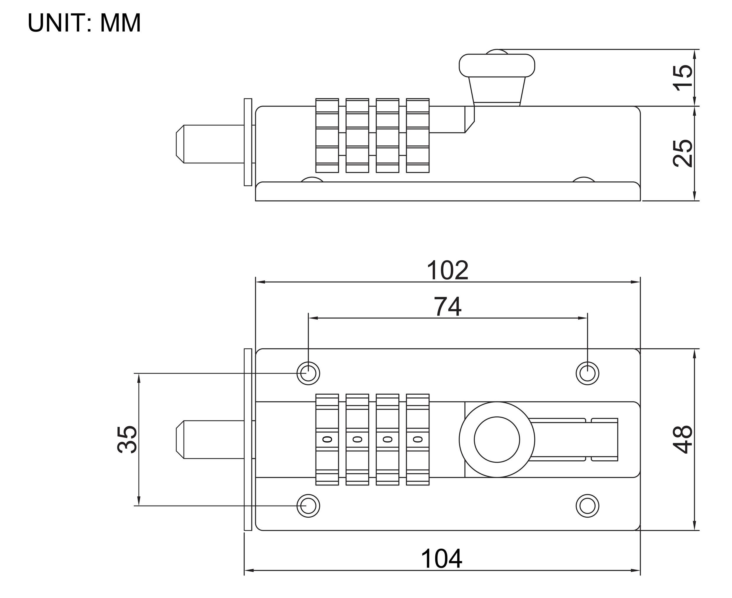 Technische Zeichnung eines Kombinationsschlosses mit Abmessungen: 104 mm Länge, 35 mm Höhe und 25 mm Breite; Einheit in Millimetern.
