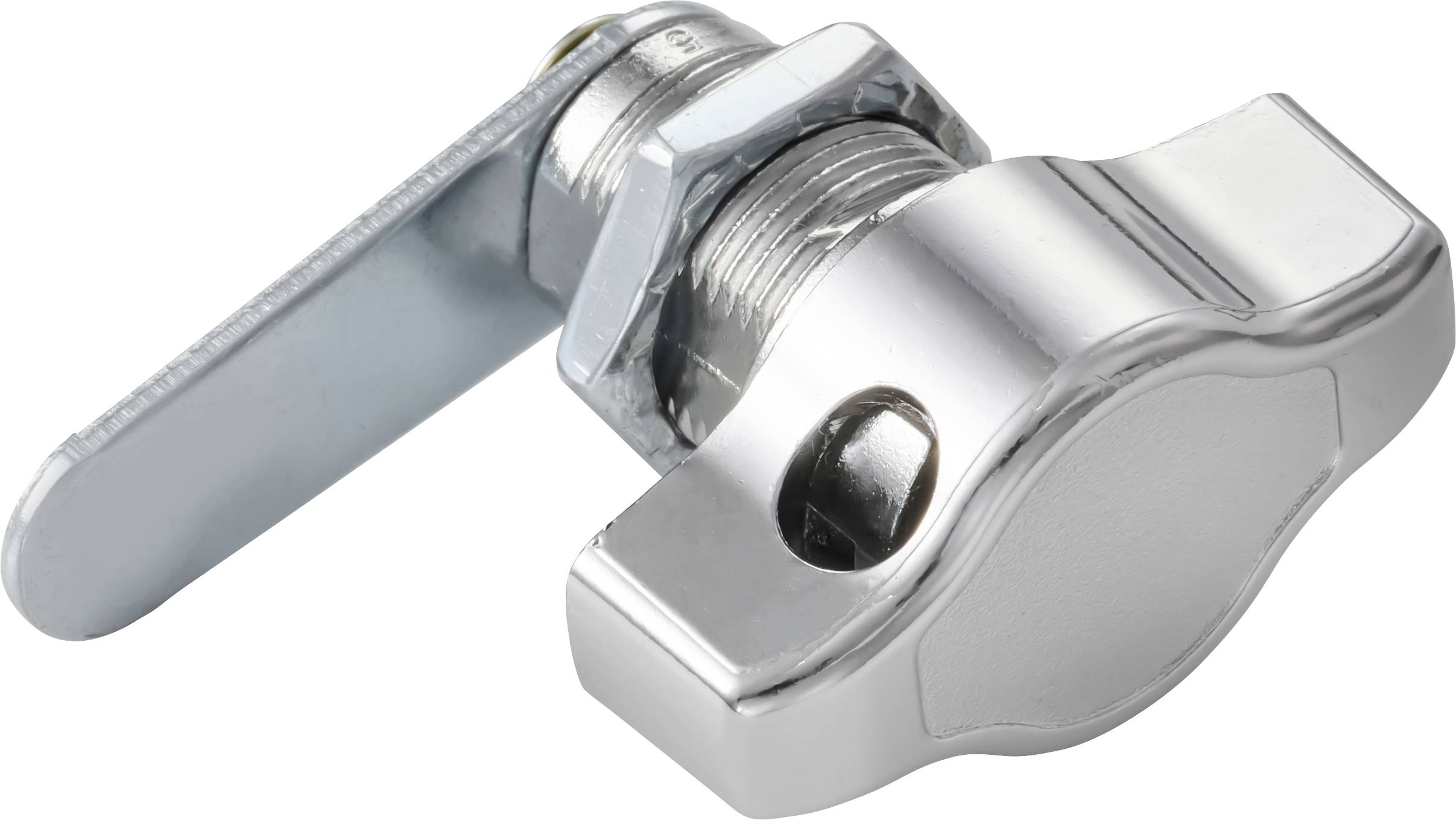 Ein silberner Kammerriegel mit einem flachen, rotierenden Hebel zum Sichern von Schränken oder Schubladen, mit einer sechseckigen Befestigungsmutter versehen.