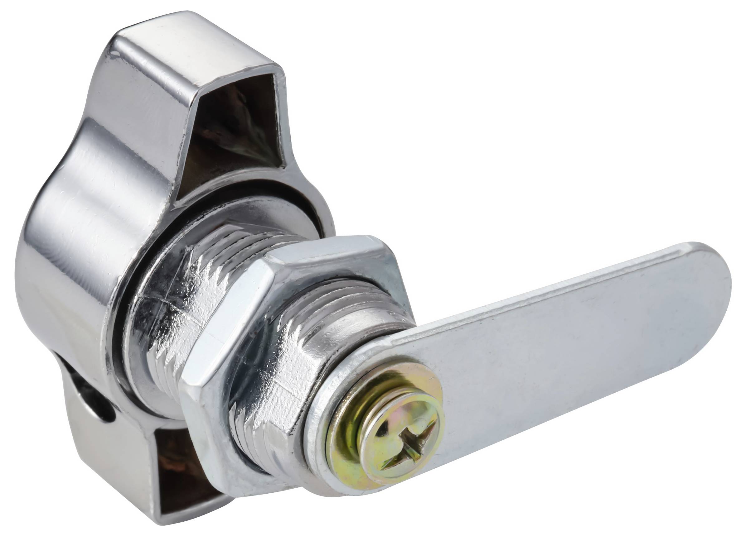 Ein glänzender Metallkammverschluss mit einem rotierenden Hebelgriff, der üblicherweise in Schränken und Spinden zum Sichern von Türen verwendet wird.