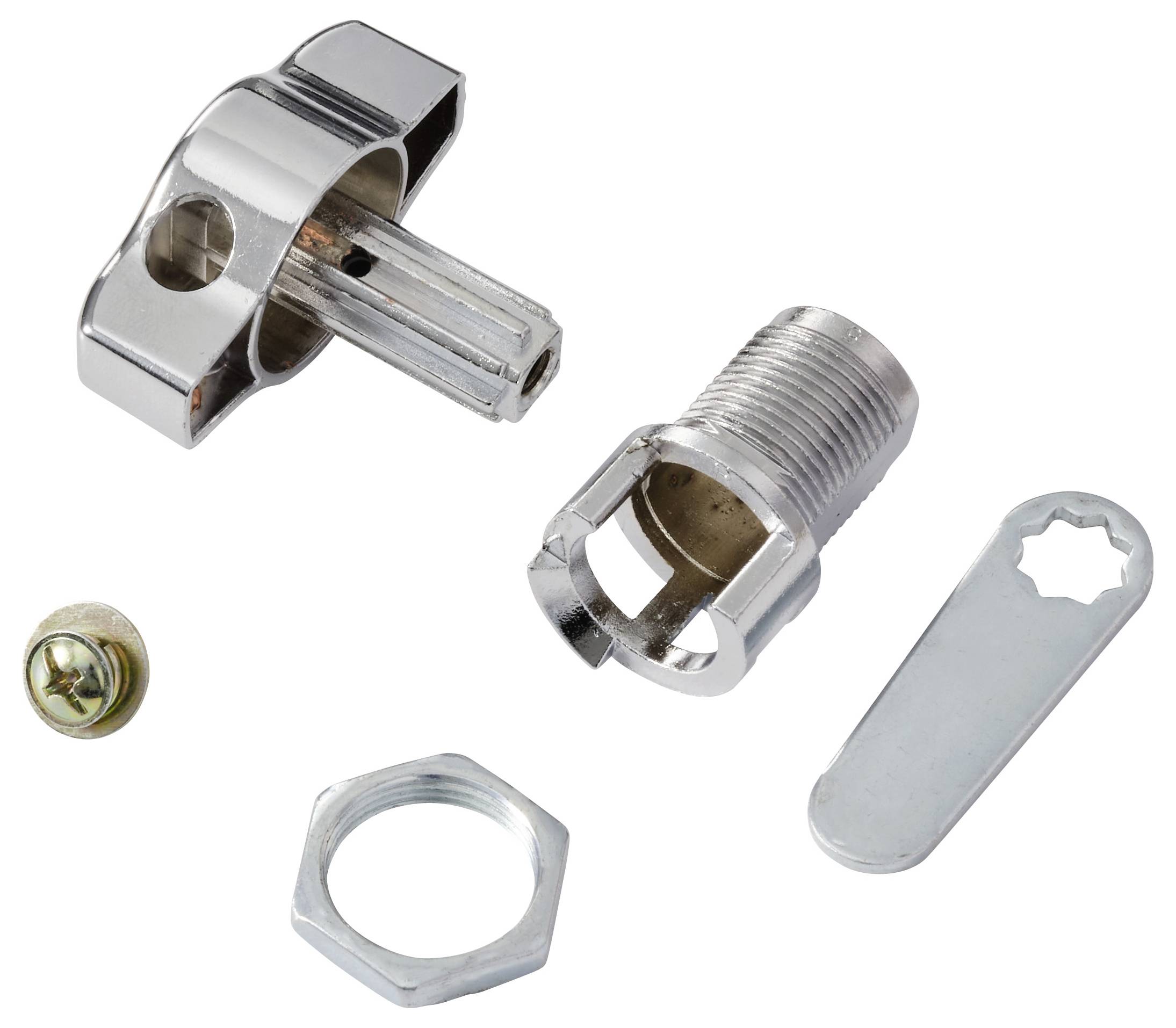 Die Komponenten der Schlossnockeneinheit umfassen eine verchromte Schlüssellochblende, einen Gewindezylinder, eine Schraube, eine Mutter, eine Unterlegscheibe und einen Metallschlüssel.