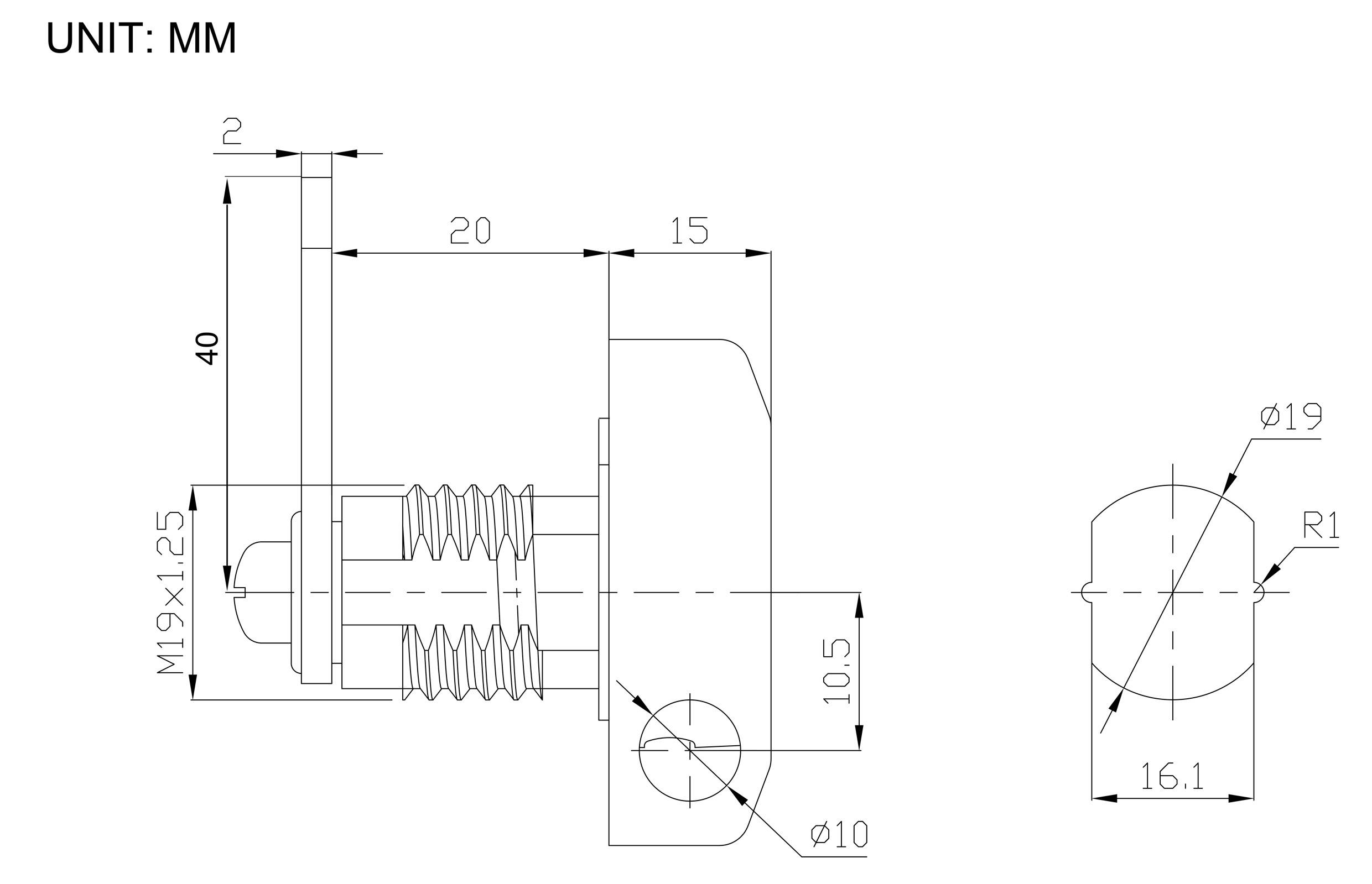 Technische Zeichnung eines Schraubenriegels in Millimetern mit detaillierter Seiten- und Frontansicht, einschließlich Länge, Durchmesser und Gewindeabmessungen.