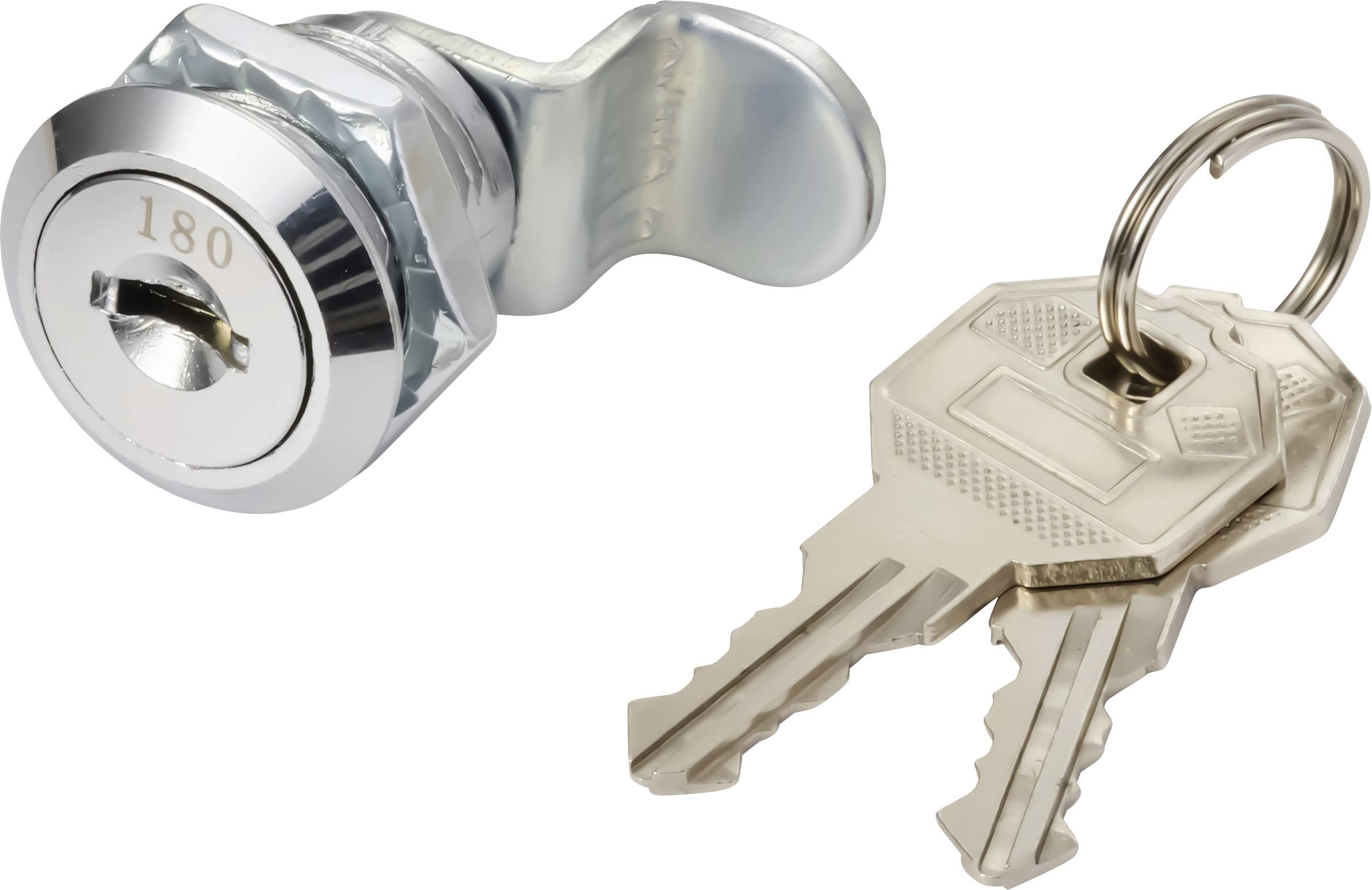 Ein Metallschloss mit Drehriegel und zwei Schlüsseln an einem Schlüsselring. Das Schloss ist zylindrisch mit einem kleinen rotierenden Riegel, und die Schlüssel haben komplizierte Schliffmuster.