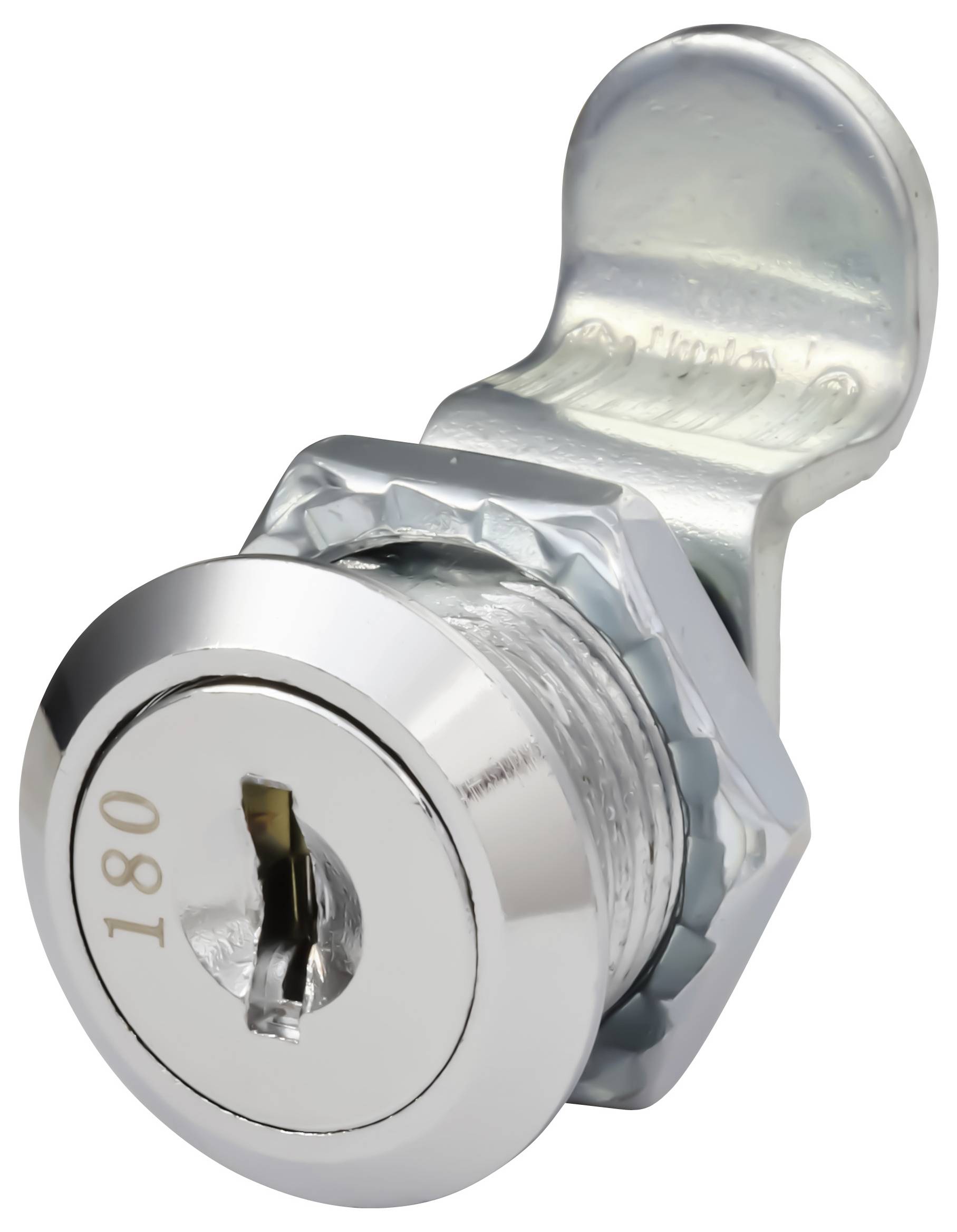 Ein silberner Kammerverriegelungsriegel mit Schlüsselloch und eingravierter '180', verwendet zum Sichern von Schränken oder Blenden.