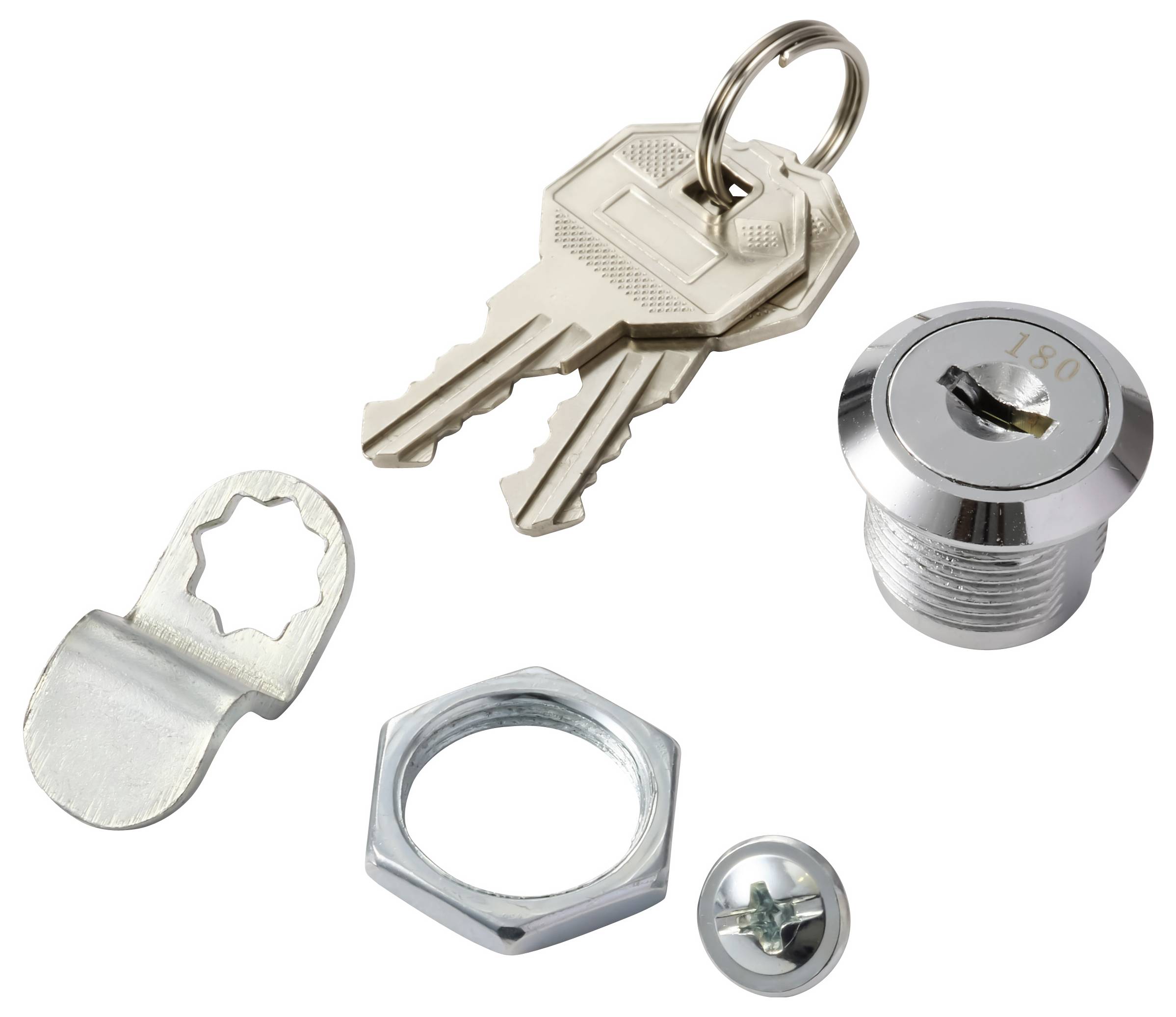 Zylinderschlosseinheit mit silbernen Schlüsseln, einem gerillten Metallschlosskörper, einer Mutter, einem Befestigungsblech und einer Schraube, auf weißem Hintergrund angeordnet.