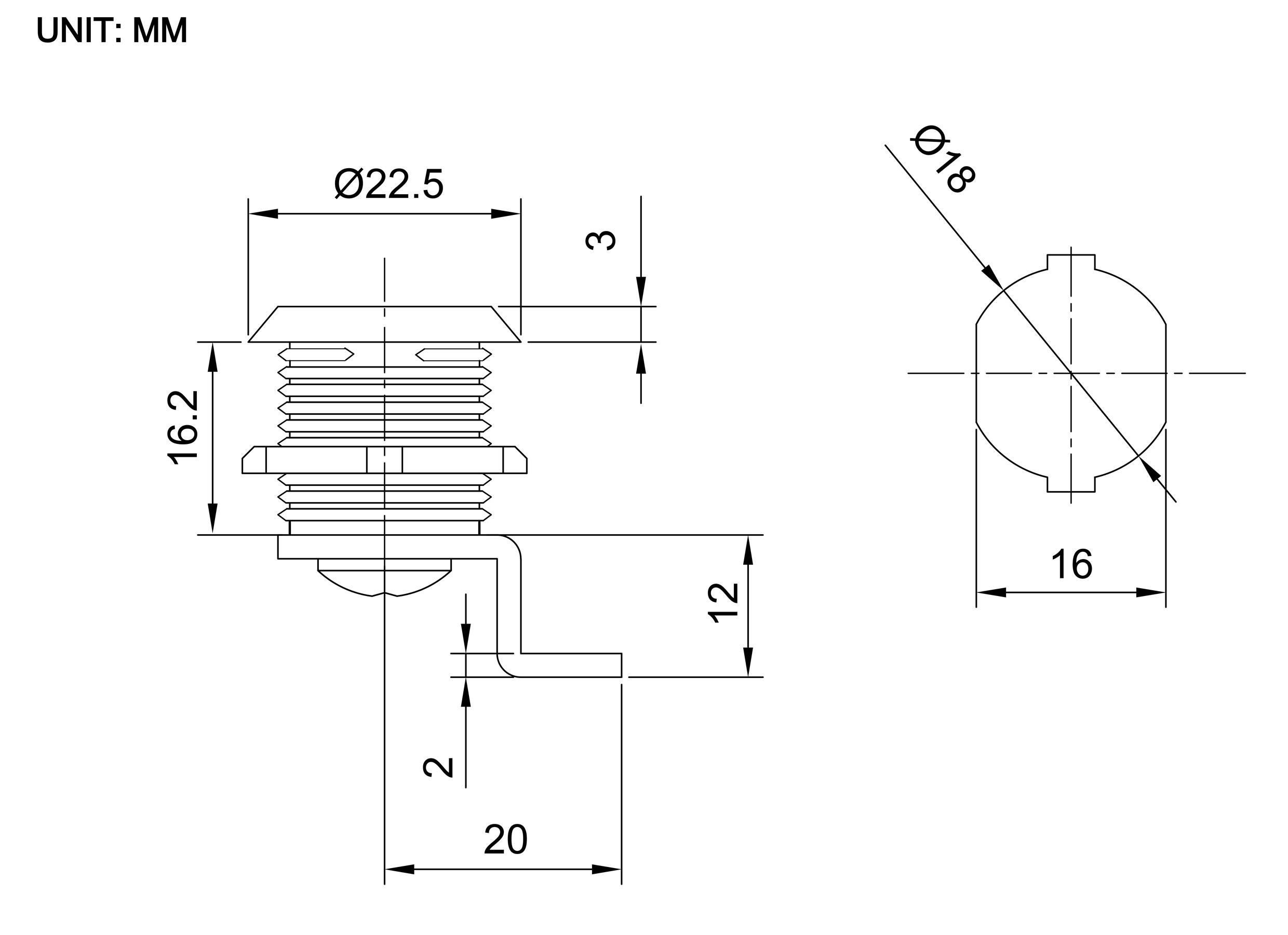 'EINHEIT: MM' enthält technische Zeichnung einer Gewindebaukomponente. Schlüsseldimensionen: 16,2x22,5 Durchmesser, Gesamthöhe 16, mit relevanten Schraubendetails.