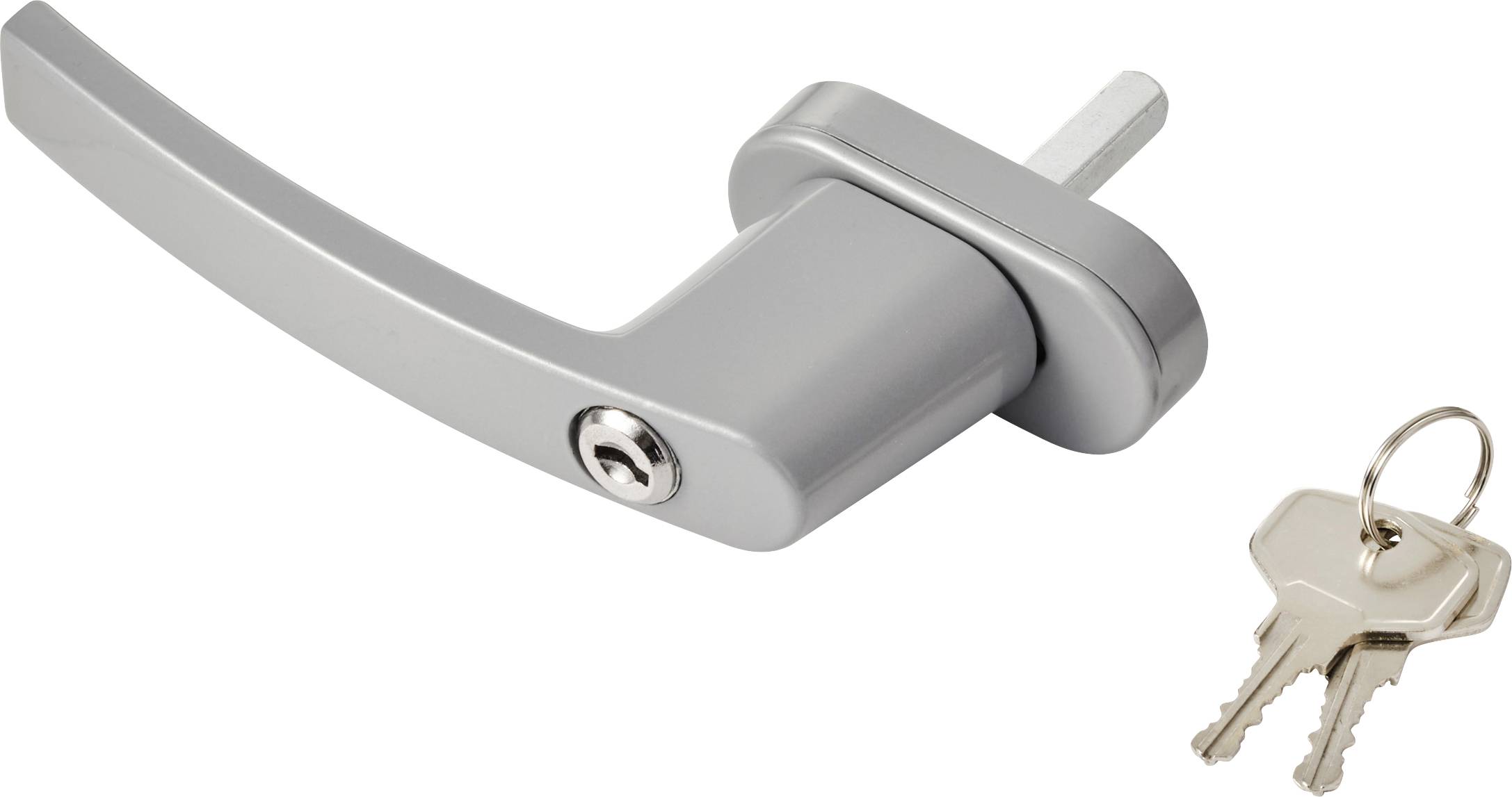 Ein silberner Türgriff mit einem Schlüsselloch ist neben zwei silbernen Schlüsseln an einem Schlüsselring zu sehen.