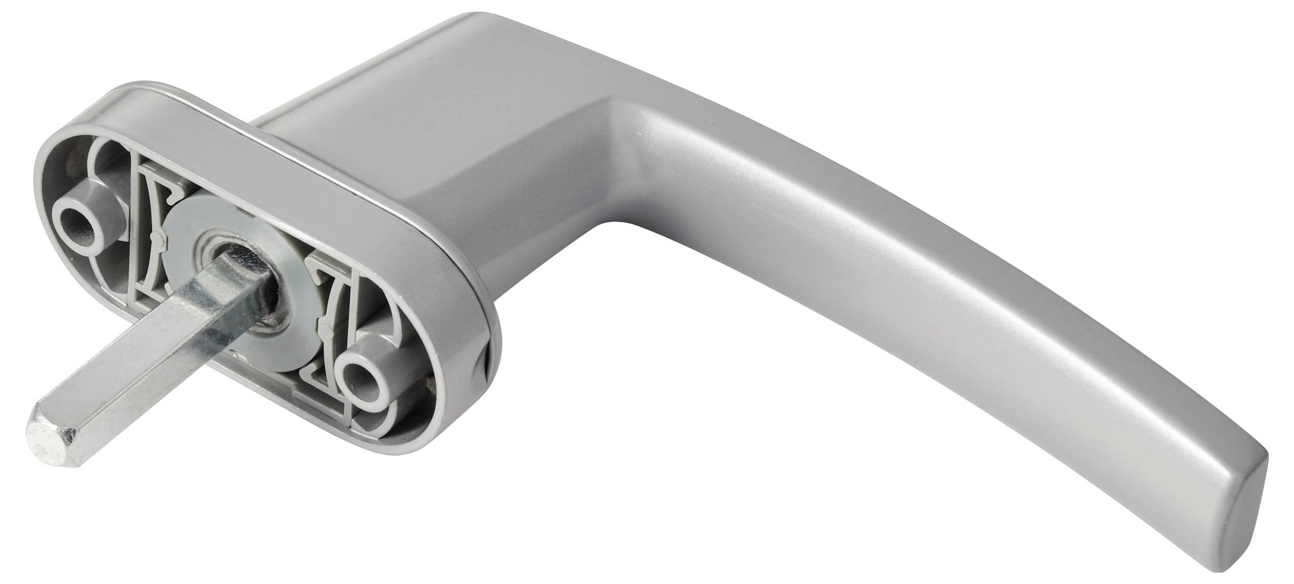 Ein silberner Metalltürgriff mit einem verlängerten quadratischen Drehzapfen, der für die Befestigung an einer Tür oder einem Fenster konzipiert ist und horizontal liegt.