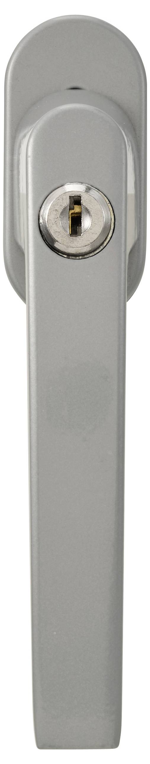 Ein silberner Türgriff mit einem Schlüsselloch an der Oberseite, der für sicheres Auf- und Zuschließen konzipiert ist.