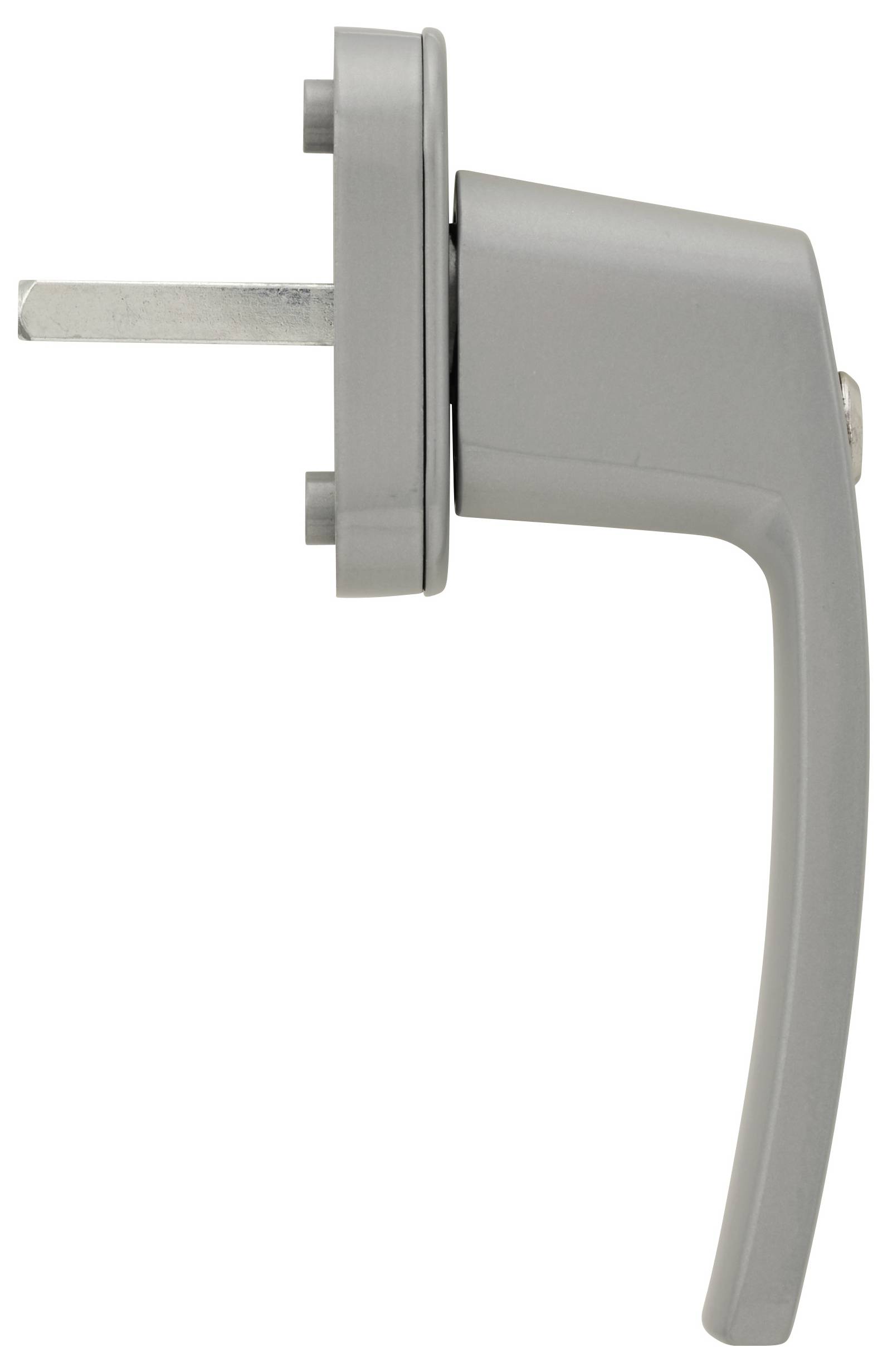 Ein silberner Fenstergriff mit einer rechteckigen Metallbasis und einem hervorstehenden Drehzapfen, der für einen leichten Griff und Bedienung konzipiert ist.