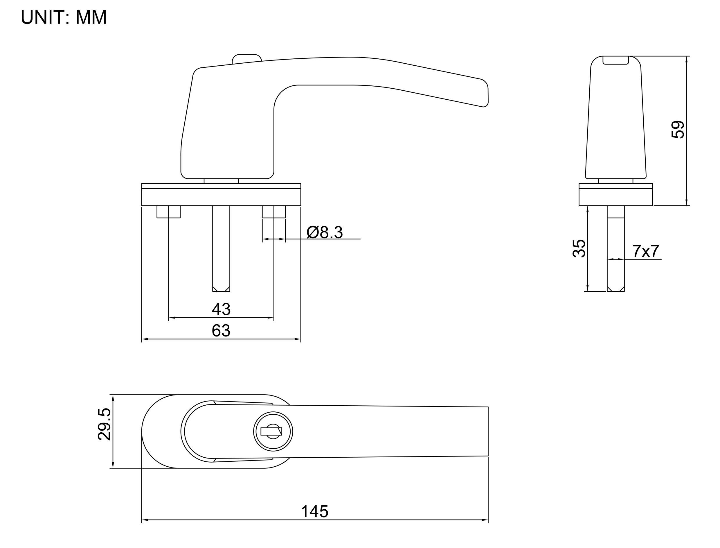 Technische Zeichnung eines Hebelgriffschlosses. Abmessungen umfassen eine Länge von 145 mm, eine Breite von 29,5 mm und eine Höhe von 59 mm. Schlüssellochplatzierung wird dargestellt.