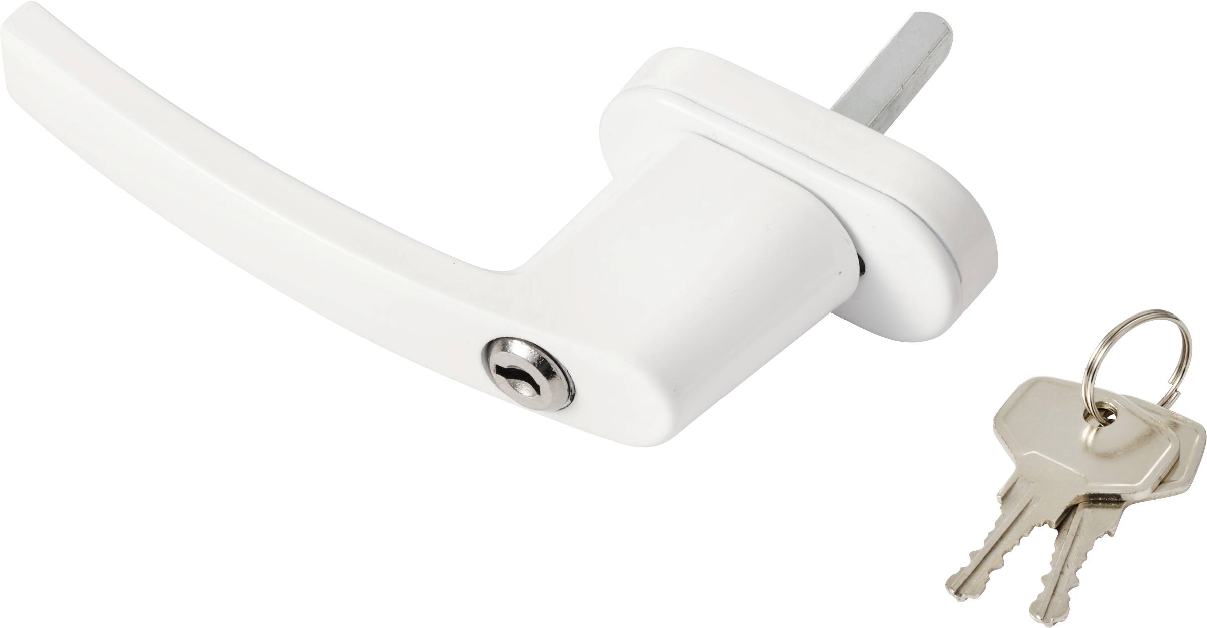 Ein weißer Türgriff mit Schließmechanismus, begleitet von zwei silbernen Schlüsseln an einem Ring, vor einem weißen Hintergrund.