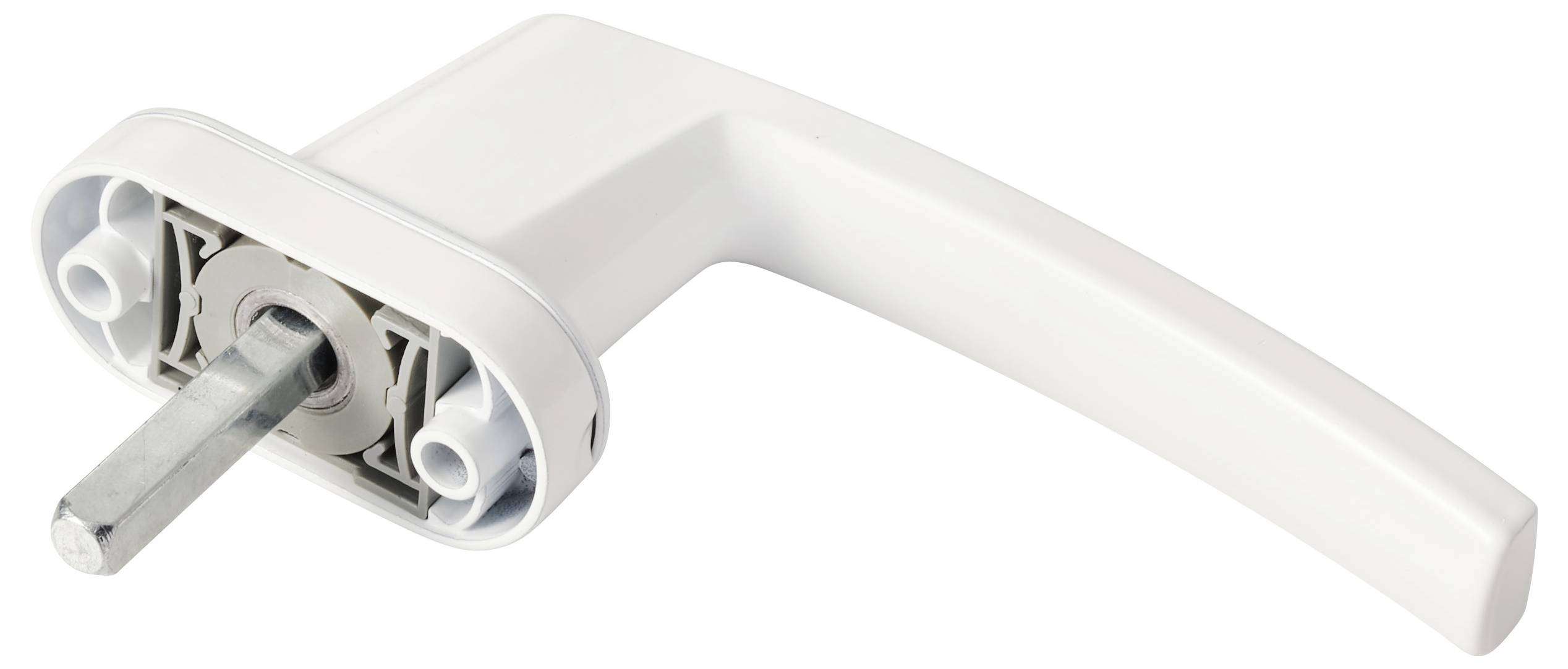 Ein weißer Fenstergriff mit einer Metallspindel, von hinten gezeigt. Das Bild zeigt den Befestigungsmechanismus und die Verbindungspunkte.
