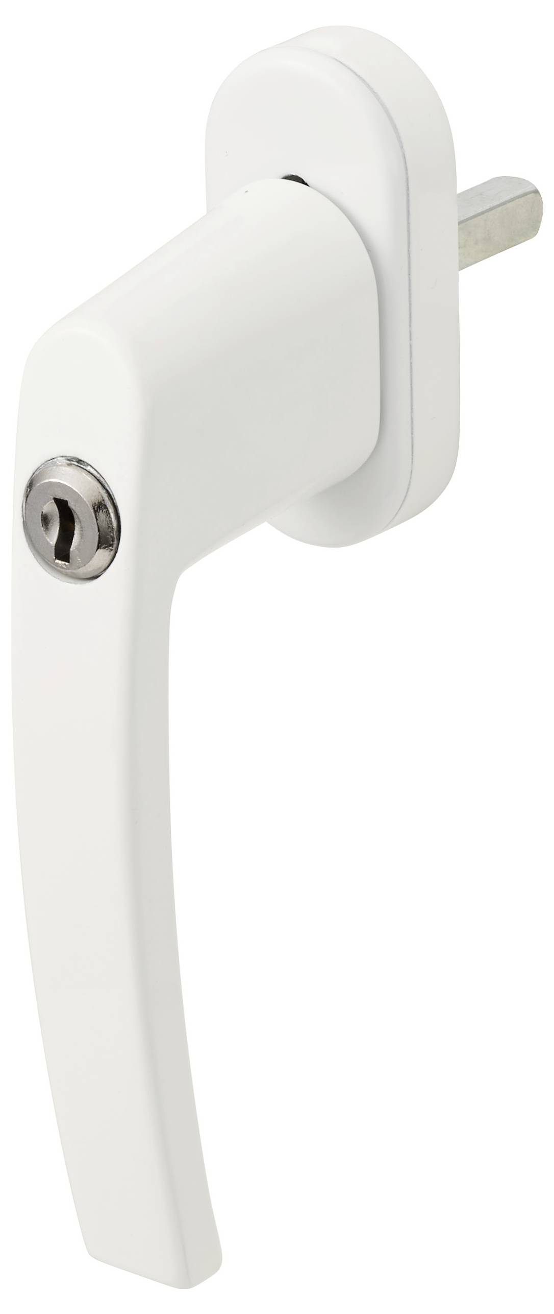 Ein weißer Fenstergriff mit einem Schlüsselloch, von der Seite betrachtet. Er ist zum Verriegeln von Fenstern konzipiert und verfügt über ein modernes und schlankes Design.