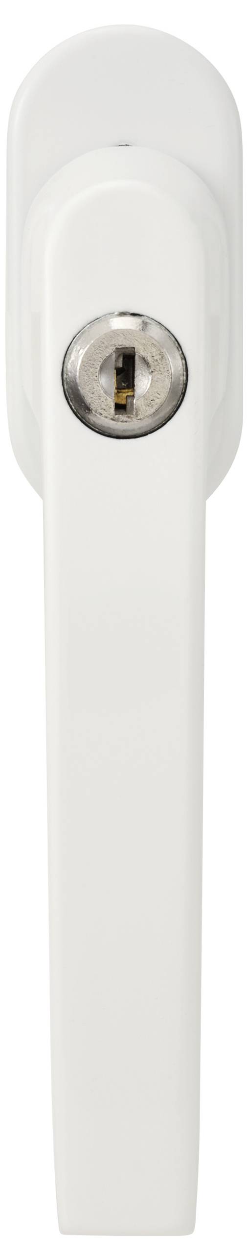 Weißer Fenstergriff mit einem Schlüssellochschloss-Mechanismus, von oben betrachtet, mit dem Schließzylinder im oberen Bereich.