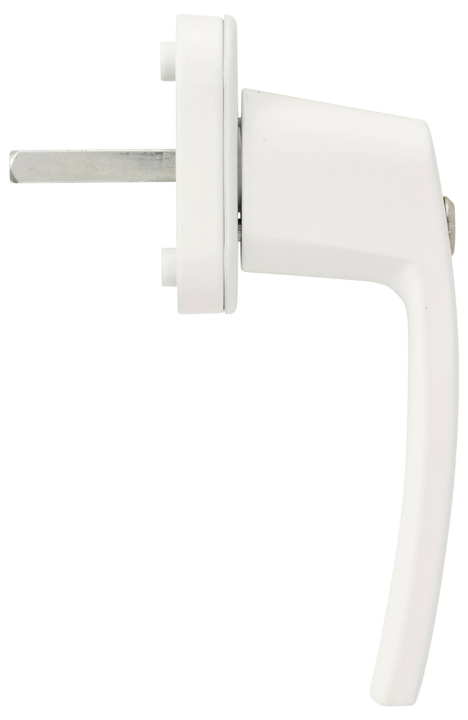 Eine weiße Fenstergriff mit einem rechteckigen Metallstift, von der Seite betrachtet, geeignet für die Installation oder den Austausch in einem Fensterrahmen.