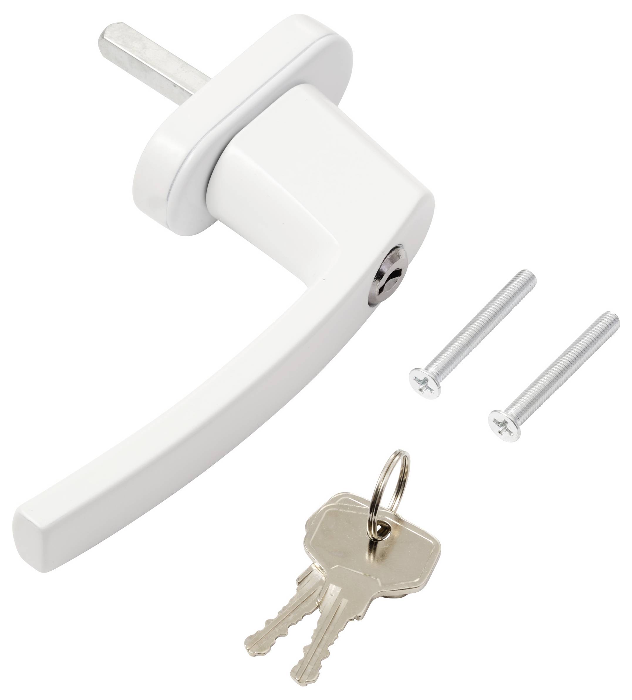 Weißes Fenstergriffset mit zwei Schrauben und zwei Schlüsseln auf weißem Hintergrund; verwendet zur Sicherung von Fenstern.