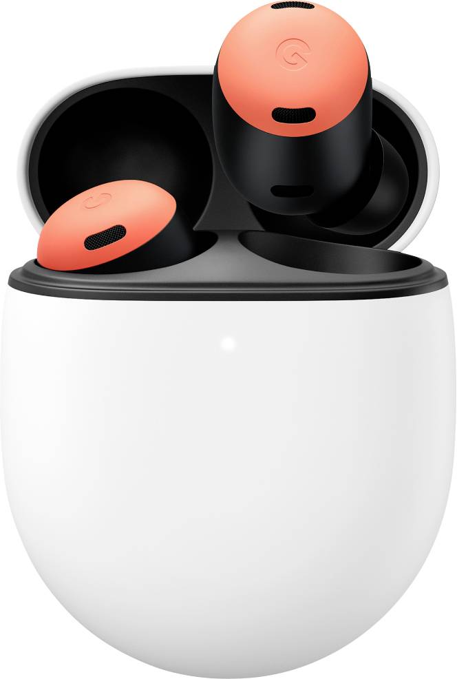 Kabellose Ohrhörer mit orangefarbenen Spitzen in einem geöffneten Ladecase mit weißer Außenseite.