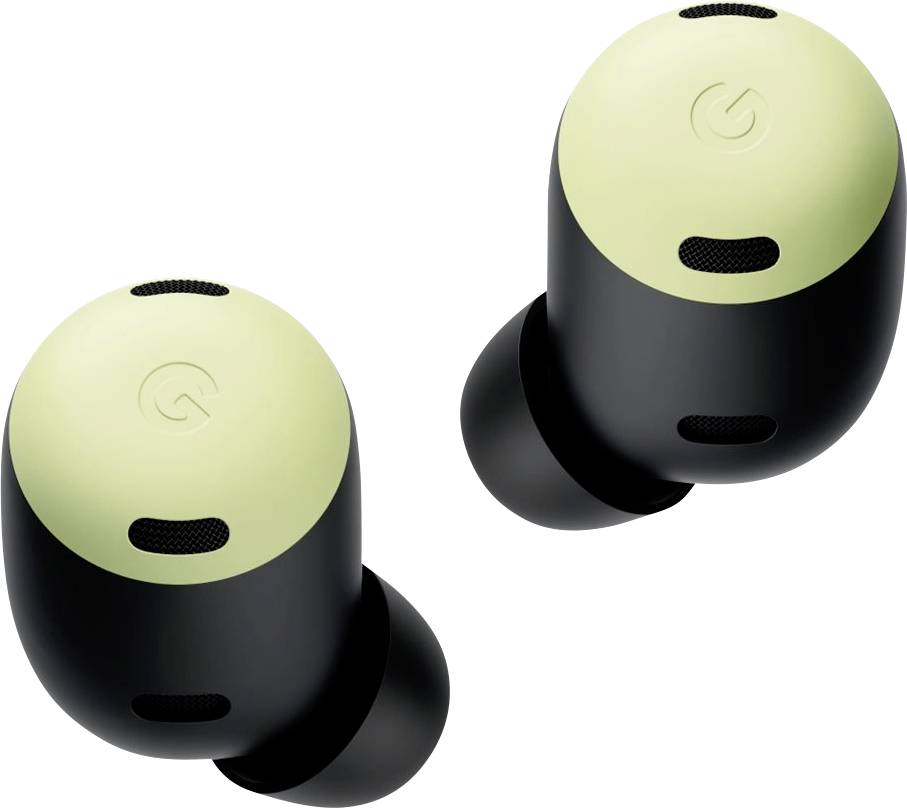 Zwei schwarze und grüne kabellose Ohrhörer mit einem dezenten Logo auf der Oberseite, die vor einem weißen Hintergrund präsentiert werden.