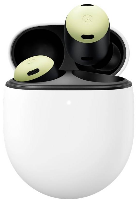 Weiße kabellose Kopfhörer mit schwarzem Innenbereich, teilweise geöffnetem Etui und gelben Akzenten auf den Ohrhörern.