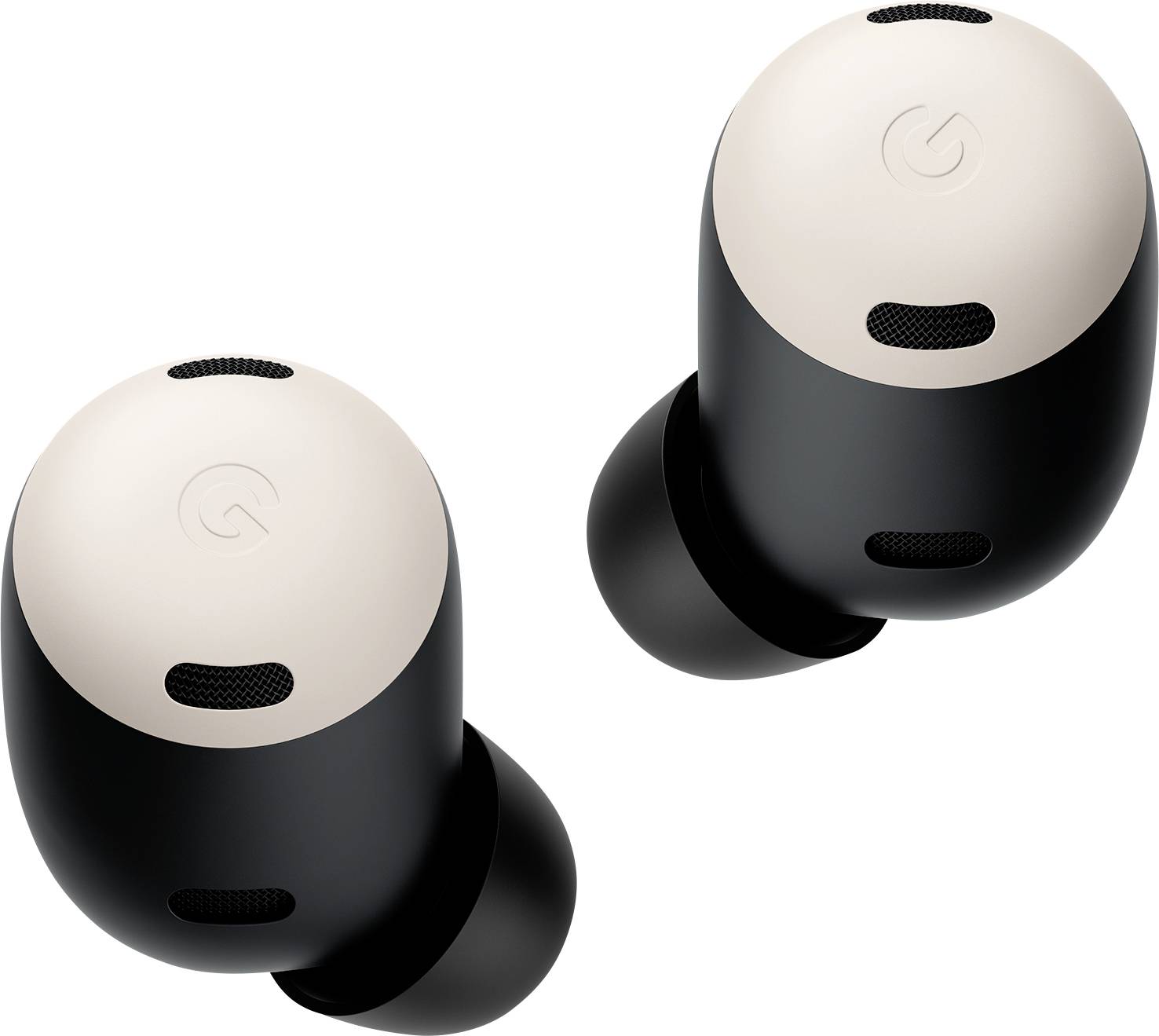 Schwarze kabellose Ohrhörer mit beigen Oberseiten, die kleine Lautsprechergitter und Ladekontakte aufweisen.
