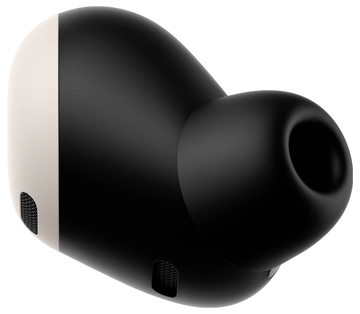 Ein einzelner schwarzer drahtloser Ohrhörer mit schlankem, ergonomischem Design und Silikonohreinsatz, von einem Winkel aus gezeigt, der seine Konturen und Textur hervorhebt.