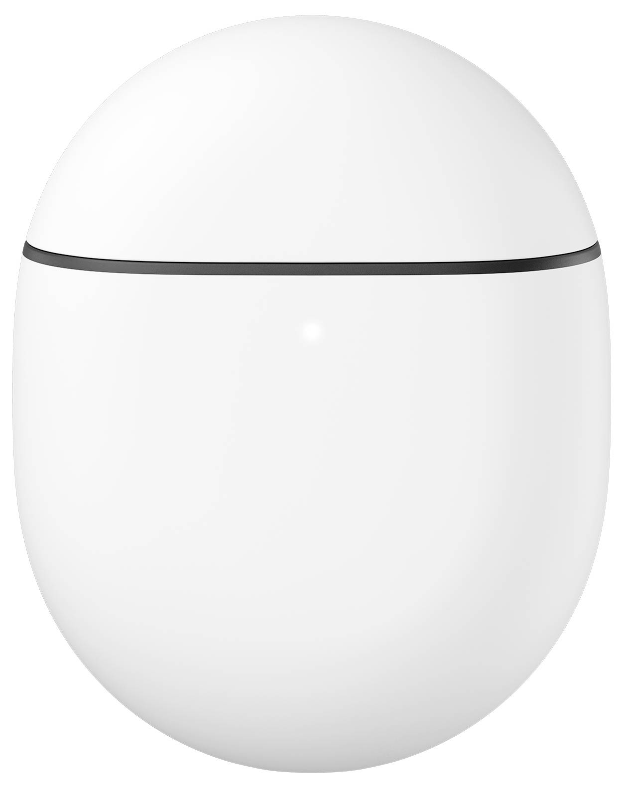 Ein schlankes, sphärisches weißes Gerät mit einer dünnen schwarzen Linie nahe der Oberseite, das wie ein modernes, minimalistisches Hightech-Gadget oder eine kleine Haushaltsgerätschaft aussieht.