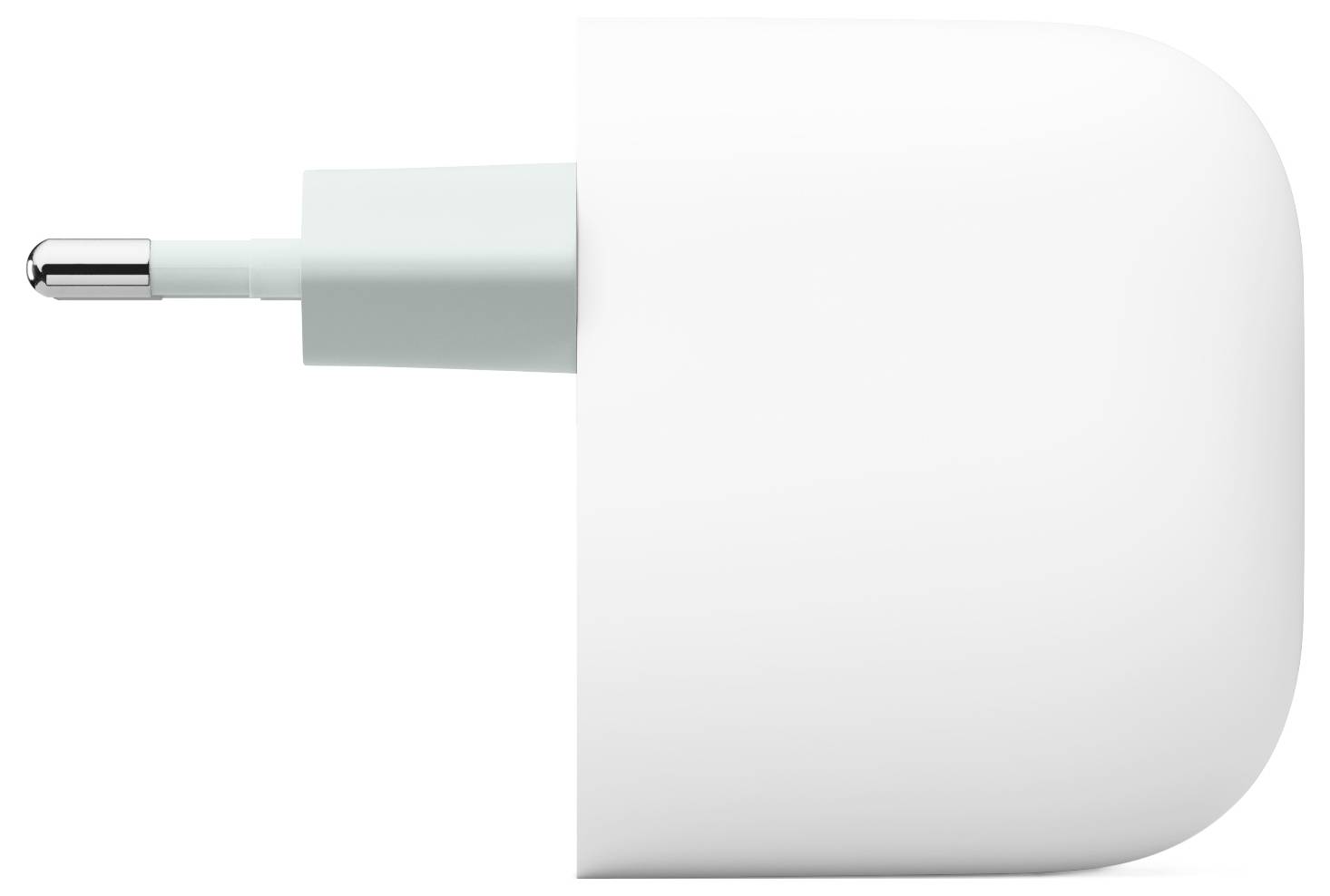 Ein weißer Kopfhörer mit einem teilweise sichtbaren silbernen Audioanschluss vor einem weißen Hintergrund.