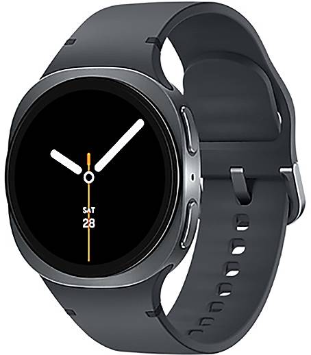 Eine schwarze Smartwatch mit einem kreisförmigen Display zeigt die Zeit in einem minimalistischen Design. Der aktuelle Tag, ‚SAT', und das Datum, ‚28', erscheinen in Orange.
