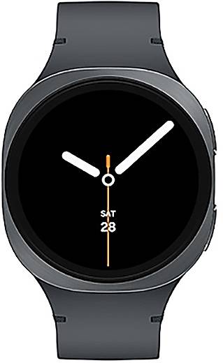 Eine Smartwatch mit einem schwarzen Armband zeigt die Analogzeit und weist 10:08 Uhr, das Datum 'SAT 28' aus und verfügt über einen orangefarbenen Sekundenzeiger.