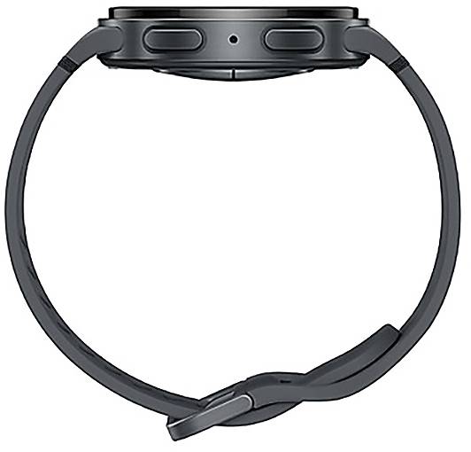 Eine Seitenansicht einer schwarzen Smartwatch mit rundem Display und verstellbarem Armband.