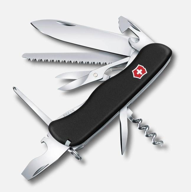 Multifunktionstaschenmesser mit schwarzem Griff und rotem Schweizer Wappen, aufgeklappt mit Messerklinge, Säge, Schere, Korkenzieher und Schraubendreher-Werkzeugen