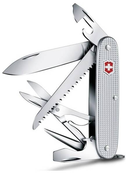 Schweizer Taschenmesser mit mehreren ausgeklappten Werkzeugen, darunter Klinge, Säge, Schere, Flaschenöffner und Korkenzieher.