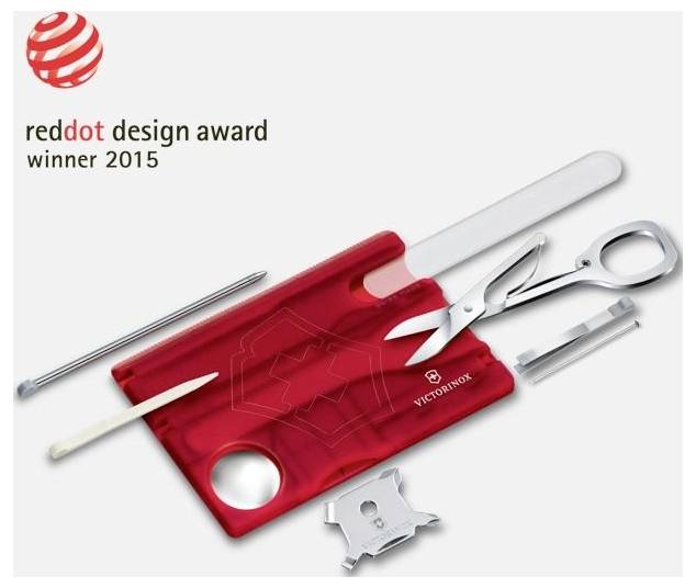 Victorinox Multitool-Karte mit Messer, Schere, Pinzette und kleinen Werkzeugen, dargestellt als „Red Dot Design Award Gewinner 2015