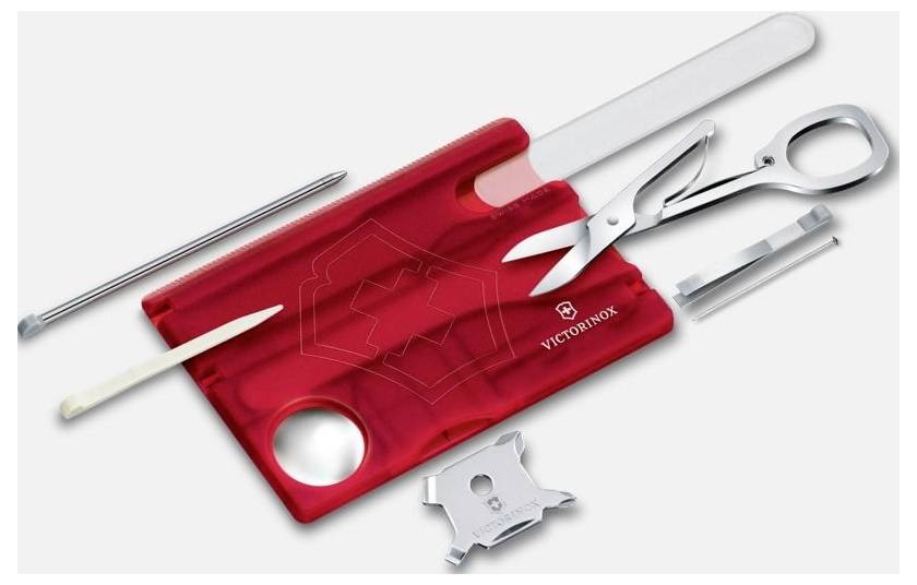 Rote Victorinox Schweizer Taschenmesser-Tasche mit mehreren angezeigten Werkzeugen, darunter Schere, Lupe, Pinzette, Nagelfeile und kleine Klinge.