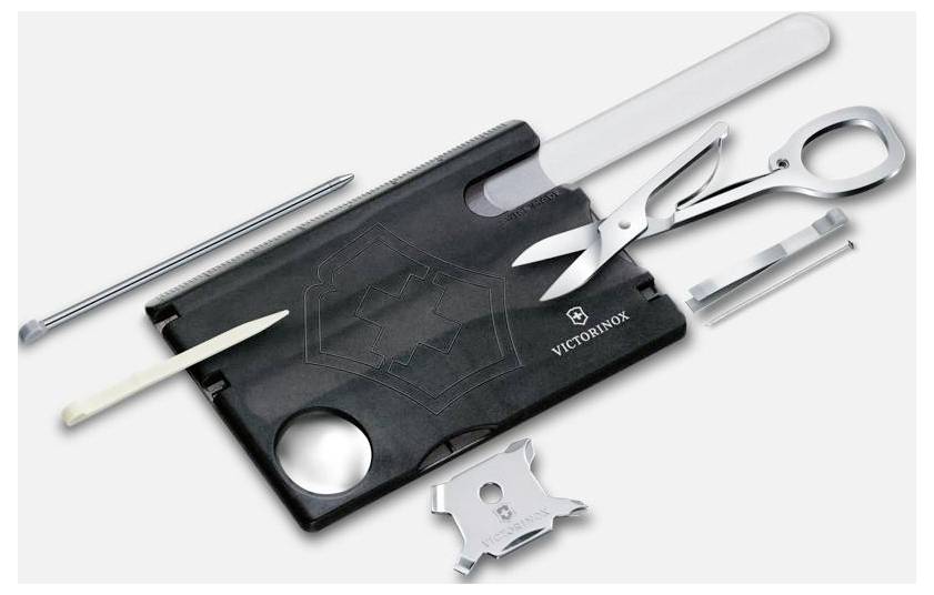 Victorinox Taschen-Multitool-Set mit schwarzem Futteral und mehreren Edelstahlwerkzeugen, darunter eine Schere, Feile, Schraubendreher und Flaschenöffner.