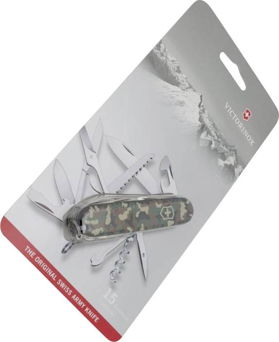 Schweizer Taschenmesser in Tarnfarben mit 15 Werkzeugen, auf Verpackung präsentiert. Etikett liest: ‚Victorinox: Das Original-Schweizer Taschenmesser.'