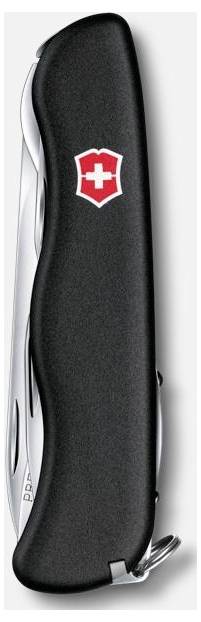 Schwarzes Schweizer Armee-Taschenmesser im Stil mit rotem Schildlogo, geschlossen in einer Seitenansicht gezeigt.