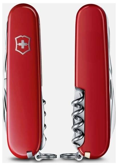 Zwei aufgeklappte rote Schweizer Taschenmesser nebeneinander dargestellt, eines mit weißem Kreuzschild-Logo.