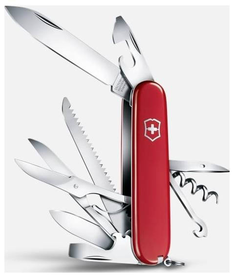 Roter Schweizer Taschenmesser offen mit mehreren sichtbaren Werkzeugen, darunter Klinge, Schere, Säge, Korkenzieher und Flaschenöffner.