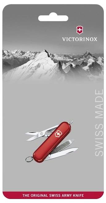 Victorinox Schweizer Armeemesser Verpackung mit einem roten Multitool, schneebedeckten Bergen und dem Text 