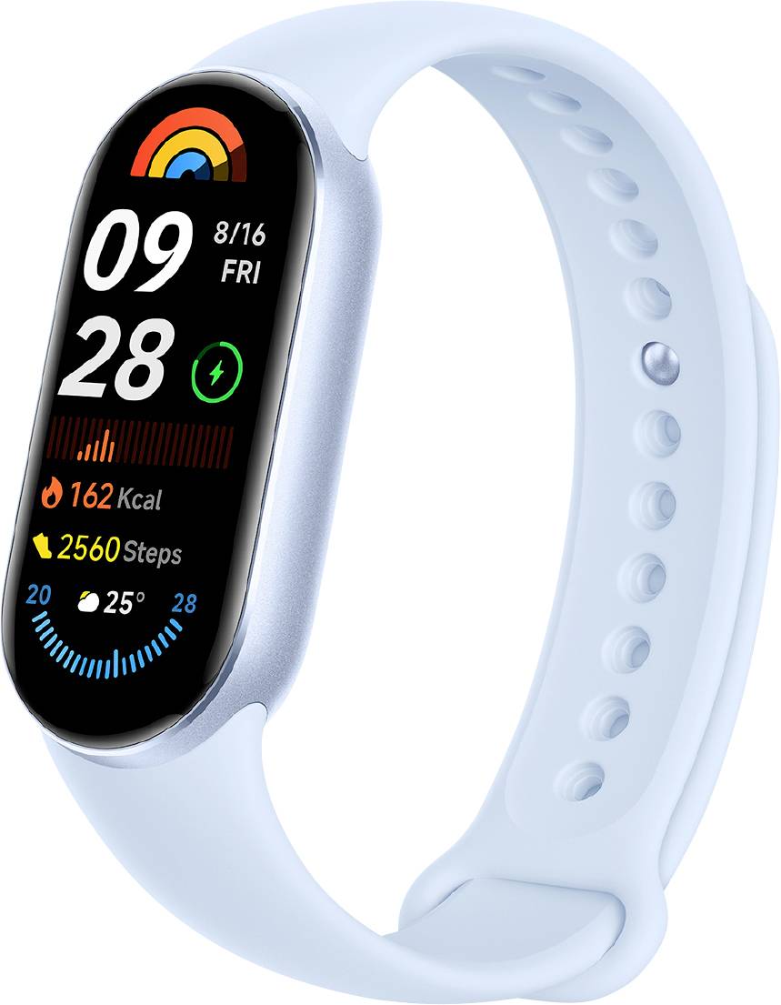 Eine intelligente Fitnessuhr zeigt die Zeit, das Datum, verbrannte Kalorien mit 162 und Schritte mit 2560 an. Die Uhr ist in hellem Blau gehalten.
