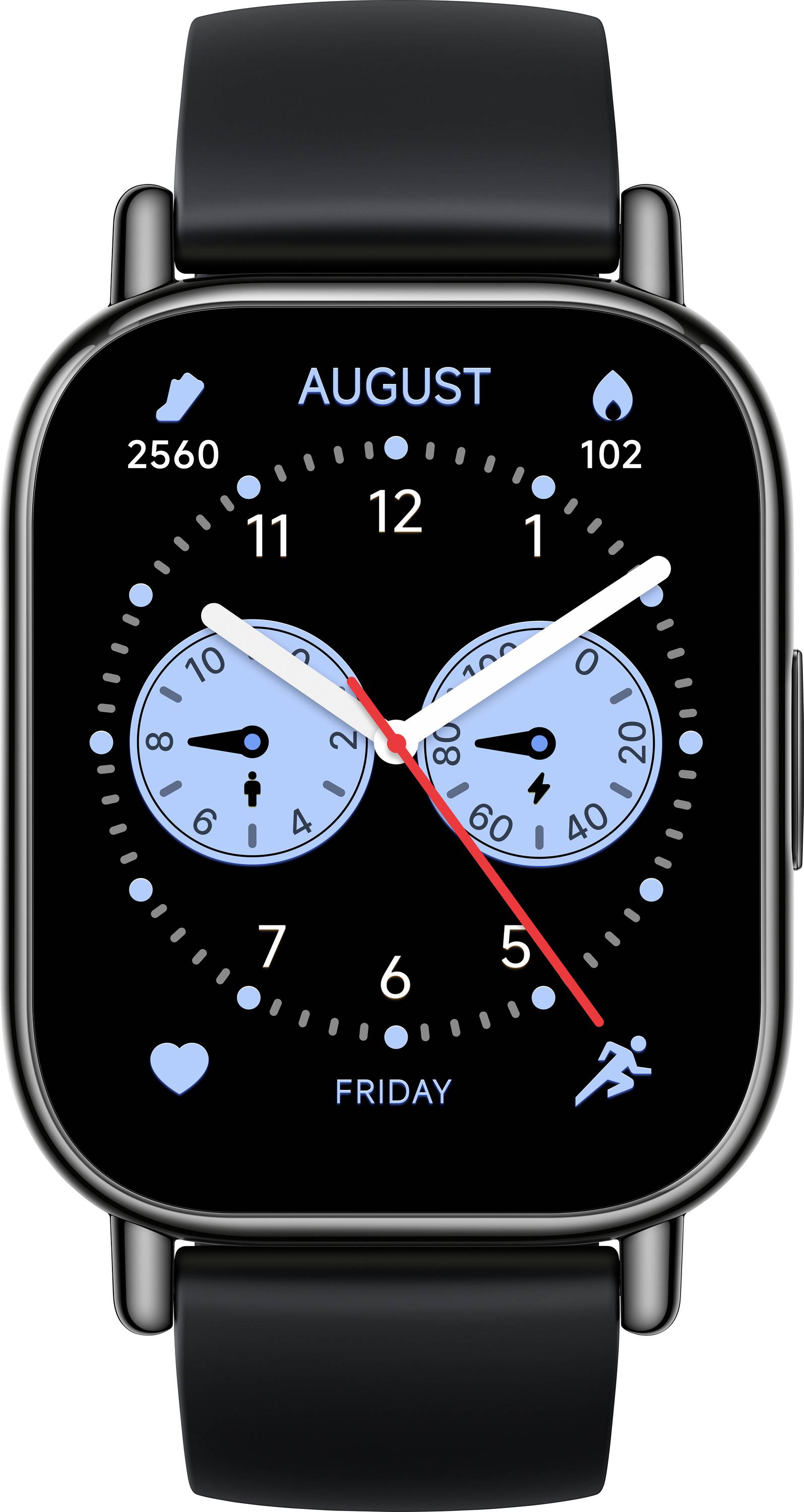 Ein Smartwatch-Display, das die Uhrzeit mit zwei Zeigern auf Zifferblättern anzeigt. Schritte-, Kalorien- und Herzfrequenz-Symbole sind sichtbar.