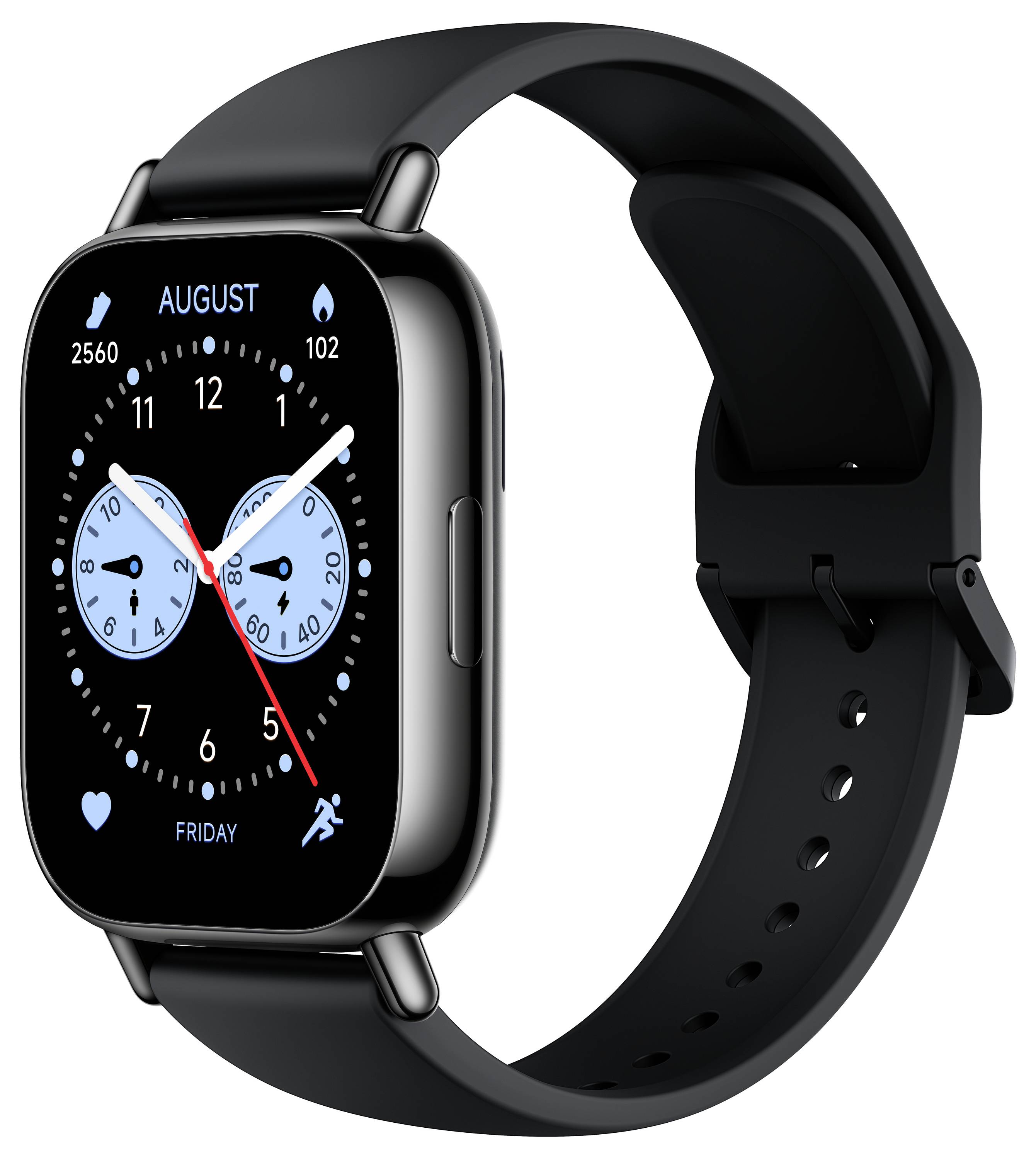 Eine schwarze Smartwatch mit einer digitalen Zifferblattanzeige und zwei Ziffernblättern für Zeit und Herzfrequenz. Das Datum ist auf ‚August, Freitag' eingestellt.