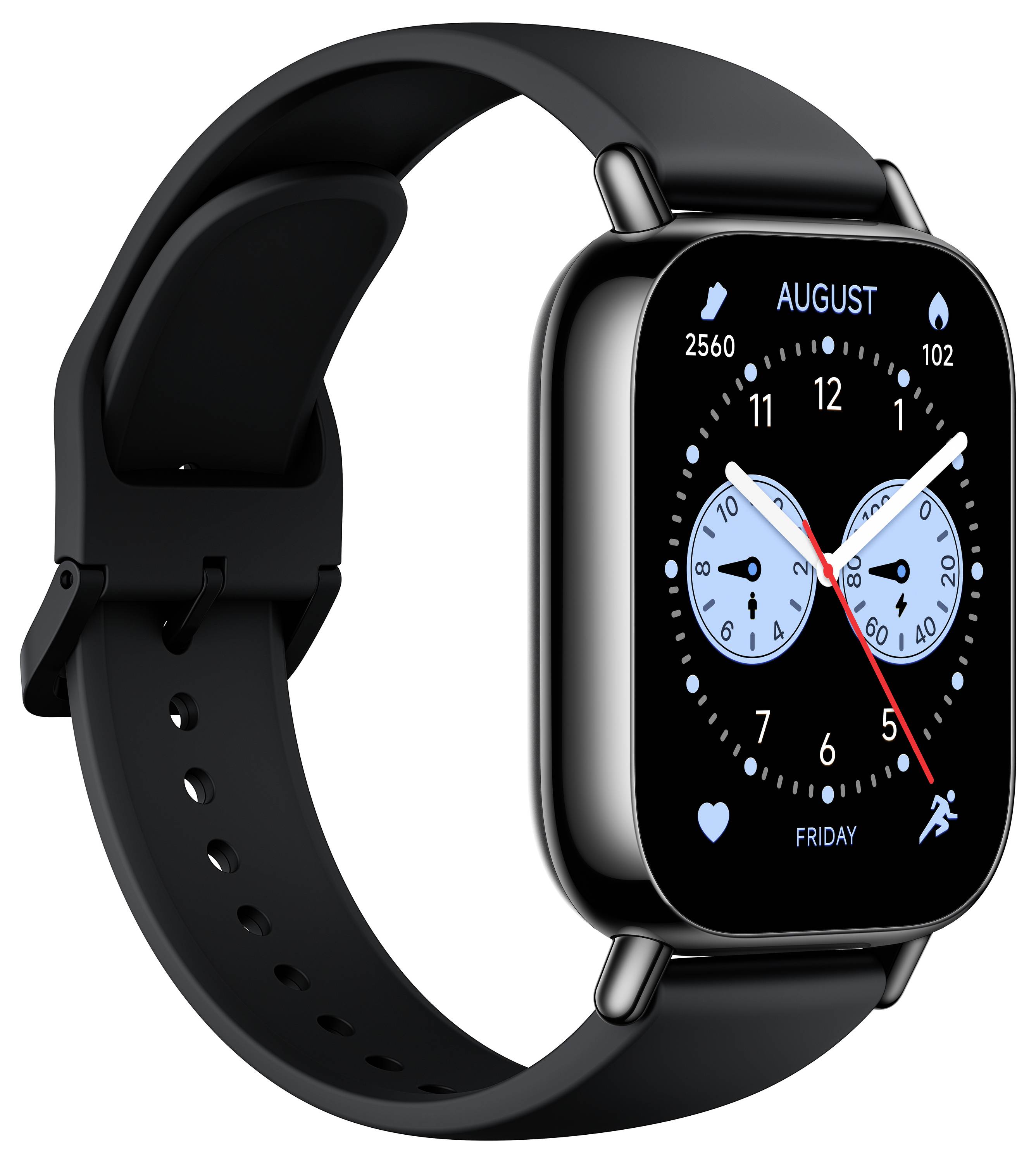 Eine schwarze Smartwatch, die ein analoges Zifferblatt mit einer roten Sekundenzeiger, digitalem Datum 'August' und Schrittzähler '2560' anzeigt.