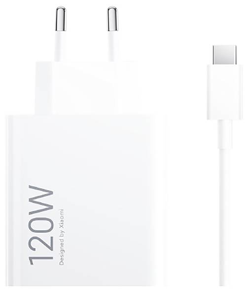 Ein weißes 120-W-Ladegerät mit einem USB-C-Kabel, entwickelt von Xiaomi, mit zwei runden Stiften für die Stromverbindung.